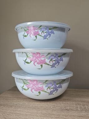 GMI Vintage Metal Enamel Floral Nesting Mixing Bowls Set - Pink & Lavender Iris